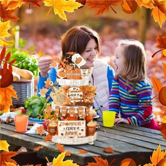 14 Pcs Fall Pumpkin Tiered Tray Drinking Coffee Rustic Farmhouse Home Decor Set - Picture 5 of 6